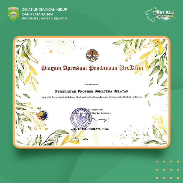 Komitmen Mengatasi Perubahan Iklim, Pemprov Sumsel Raih Proklim 2021