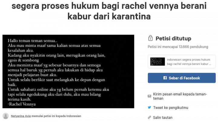 Petisi Desak Rachel Vennya Diadili Capai Puluhan Ribu Tanda Tangan