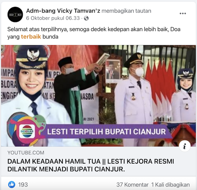 [Cek Fakta] Beredar Video Lesti Kejora Dilantik Menjadi Bupati Cianjur? Ternyata Begini Faktanya