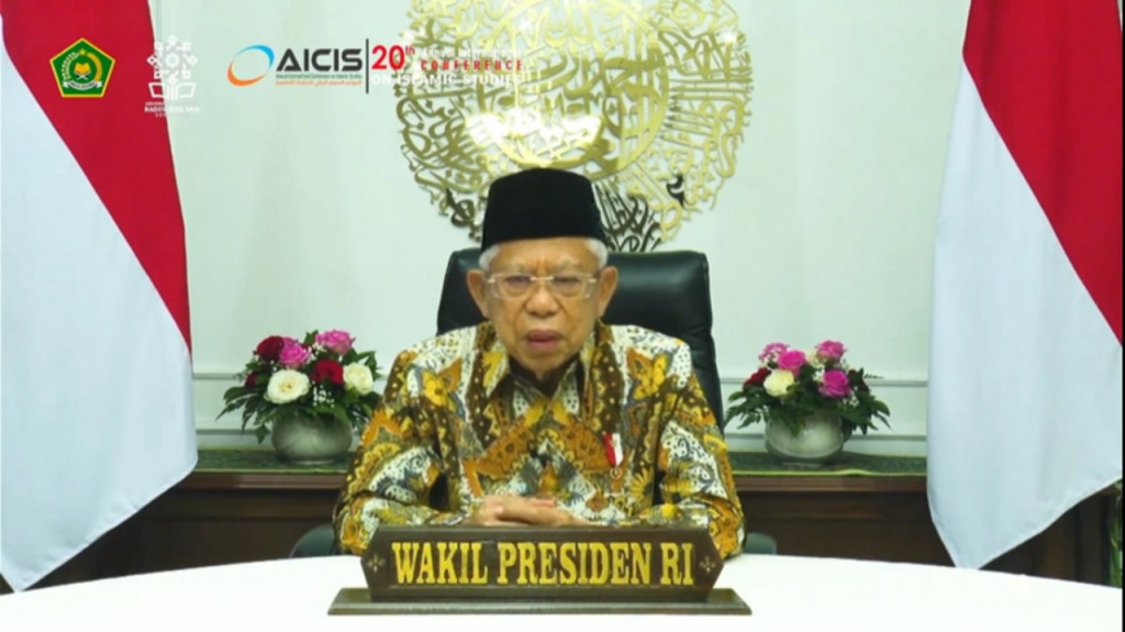 Wakil Presiden Ma'ruf Amin dalam pembukaan AICIS 2021. Foto: Tangkapan layar.