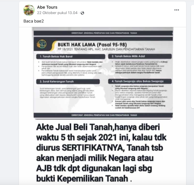 [Cek Fakta] Negara Bisa Ambil Tanah Warga yang Tidak Urus AJB Selama 5 Tahun? Cek Faktanya