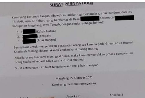 Tega! 3 Anak Kandung Titipkan Perawatan Hingga Proses Pemakaman Ibunya di Panti Jompo
