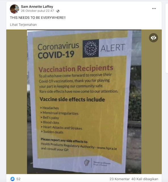 [Cek Fakta] Pemerintah Irlandia Keluarkan Peringatan Efek Samping Vaksin Covid-19? Ini Faktanya