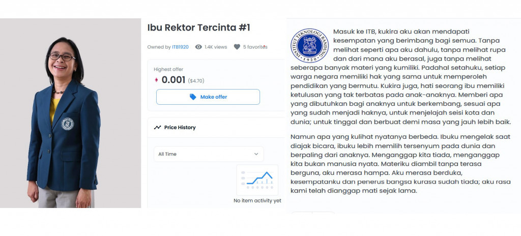 Foto Rektor ITB dijual dalam bentuk aset NFT di opensea (Foto: Opensea)
