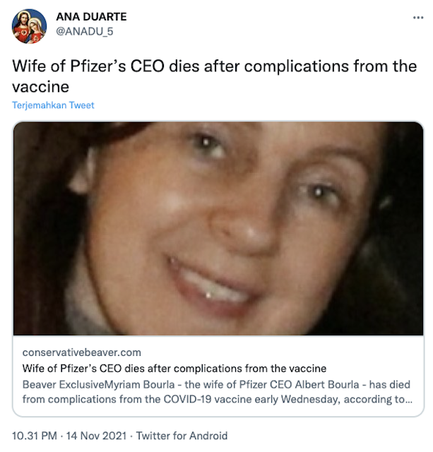 [Cek Fakta] Istri CEO Pfizer Meninggal Dunia Akibat Komplikasi Vaksin Covid-19? Ini Faktanya