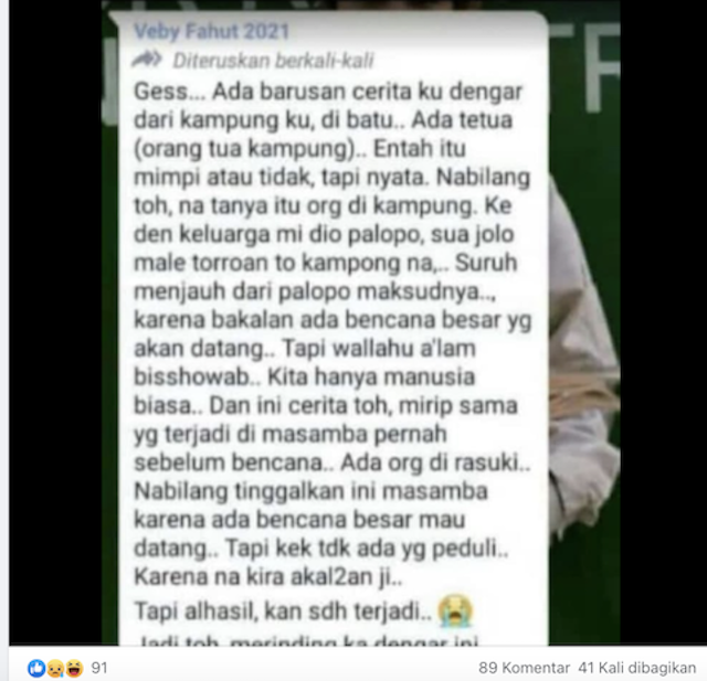 [Cek Fakta] Beredar Pesan Berantai  Akan Ada Bencana Besar Melanda Palopo? Ini Cek Faktanya