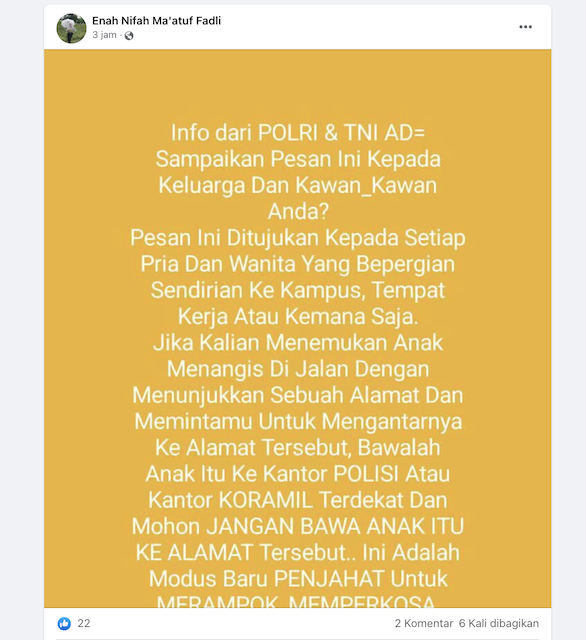 Tangkapan layar unggahan hoaks di media sosial