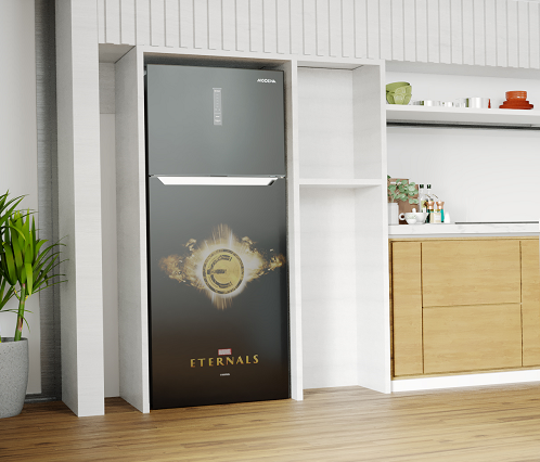 Kulkas dengan desain eksklusif 'Eternals' di fase ketiga yang termasuk serangkaian seri MODENA dengan tema  “Greatness Calls You Home”.  (Foto: Dok. MODENA)