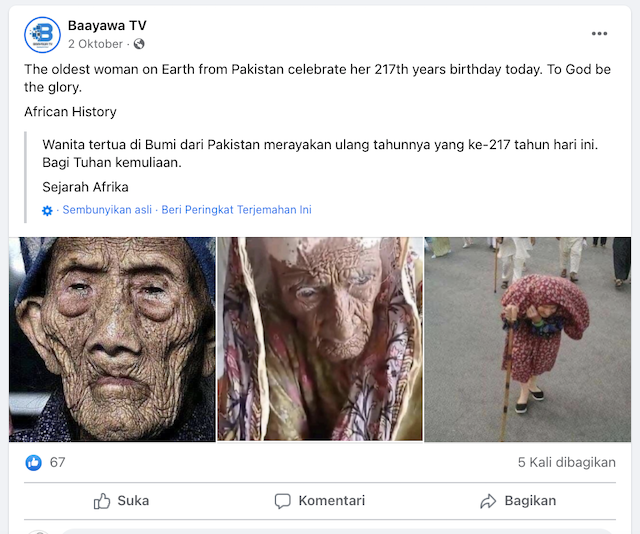 [Cek Fakta] Foto Penampakan Wanita Tertua di Dunia Asal Pakistan? Ini Faktanya