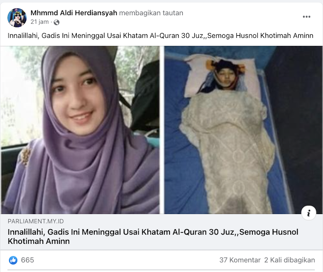 [Cek Fakta] Gadis Ini Meninggal Usai <i>Khatam</i> Alquran 30 Juz? Begini Faktanya