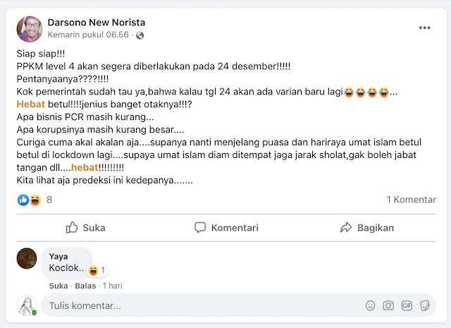 [Cek Fakta] Benarkah Pemerintah Terapkan PPKM Level 4 Pada 24 Desember karena Ada Varian Baru Covid-19? Cek Faktanya