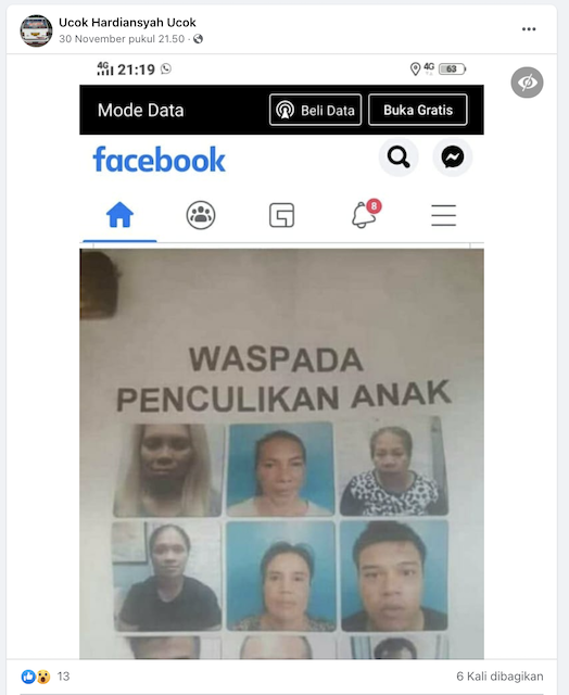 Tangkapan layar unggahan hoaks di media sosial