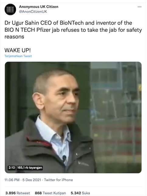 [Cek Fakta] CEO BioNTech Menolak Divaksin Covid-19 karena Alasan Keamanan? Ini Faktanya