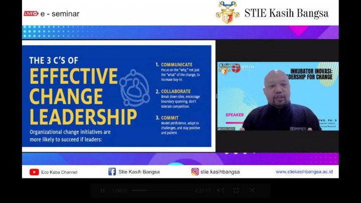 E-Seminar ke-63 STIE Kasih Bangsa, Inkubator Inovasi 'Leadership For Change'