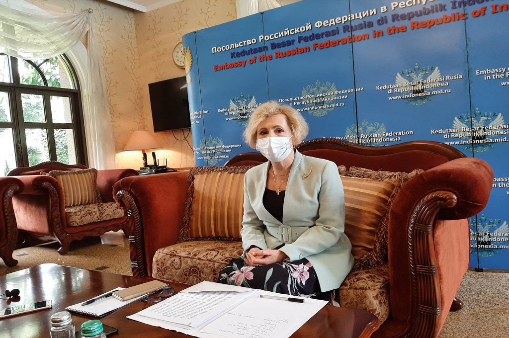 Duta Besar Rusia untuk Indonesia Lyudmila Vorobieva dalam keterangan kepada awak media di Jakarta, 20 Desember 2021. (Medcom.id/Marcheilla Ariesta)