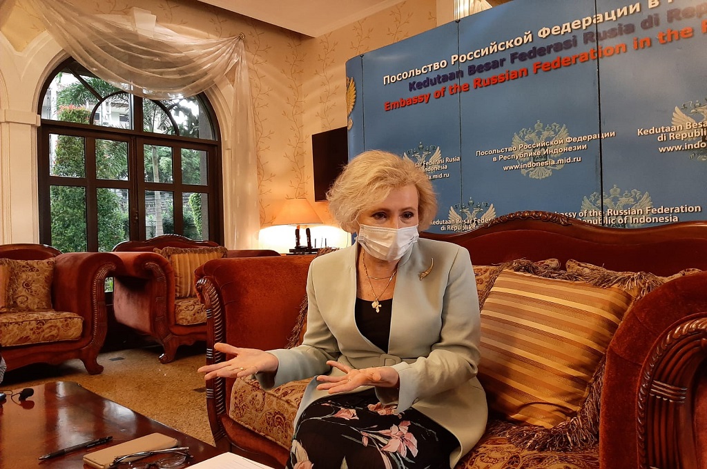 Duta Besar Rusia untuk Indonesia Lyudmila Vorobieva dalam keterangan kepada awak media di Jakarta, 20 Desember 2021. (Medcom.id/Marcheilla Ariesta)