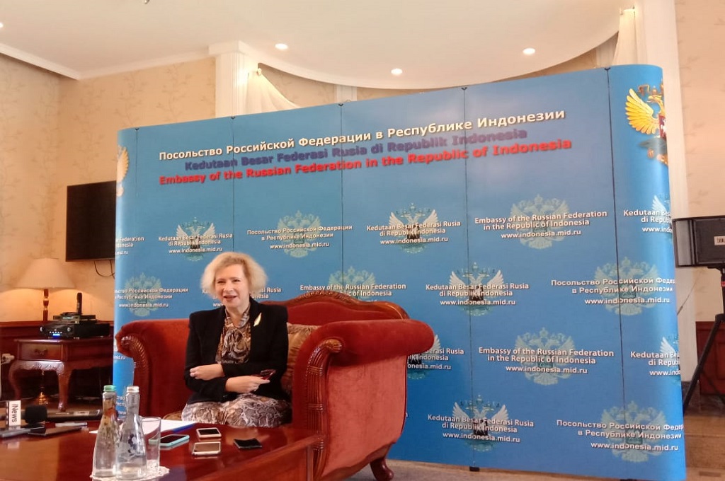 Duta Besar Rusia untuk Indonesia Lyudmila Vorobieva dalam keterangan kepada awak media di Jakarta. (Medcom.id)
