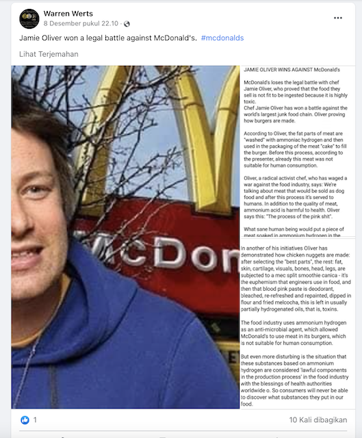 [Cek Fakta] Daging Burger McDonald's Diklaim Berbahaya karena Mengandung Ammonium Hidroksida? Ini Cek Faktanya