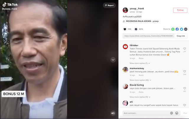 [Cek Fakta] Viral Video TikTok Jokowi Janji Siapkan Bonus Rp12 Miliar Jika Timnas Juara Piala AFF 2020 Hoaks, Begini Faktanya