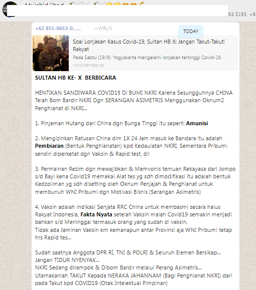 Tangkapan layar informasi yang beredar di WhatsApp