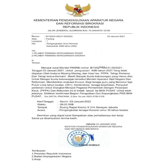 [Cek Fakta] Awas, Surat Pengangkatan Guru Honorer untuk ASN 2022 Ini Hoaks