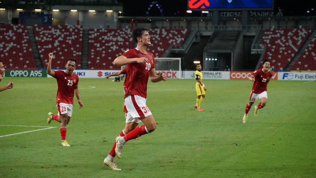 Selebrasi bek timnas Indonesia Elkan Baggott (tengah) usai mencetak gol ke gawang Malaysia (Foto: Dok. PSSI)