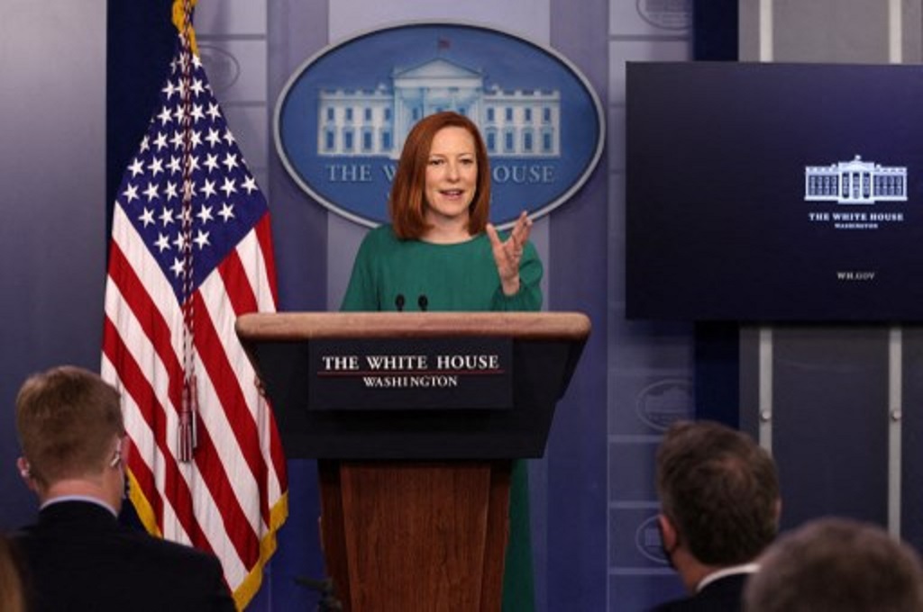 Juru bicara Gedung Putih Jen Psaki berbicara kepada awak media. (AFP)