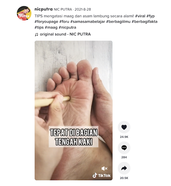 [Cek Fakta] Beredar Video TikTok Cara Atasi Maag dan Asam Lambung dengan Totok Kaki, Benarkah?