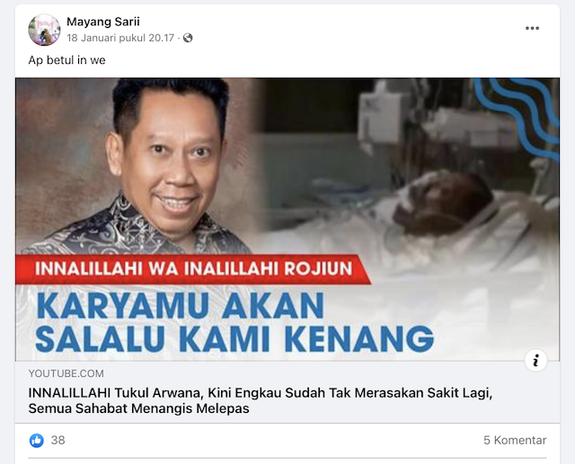 [Cek Fakta] Tukul Arwana Dikabarkan Meninggal Dunia? Cek Dulu Faktanya