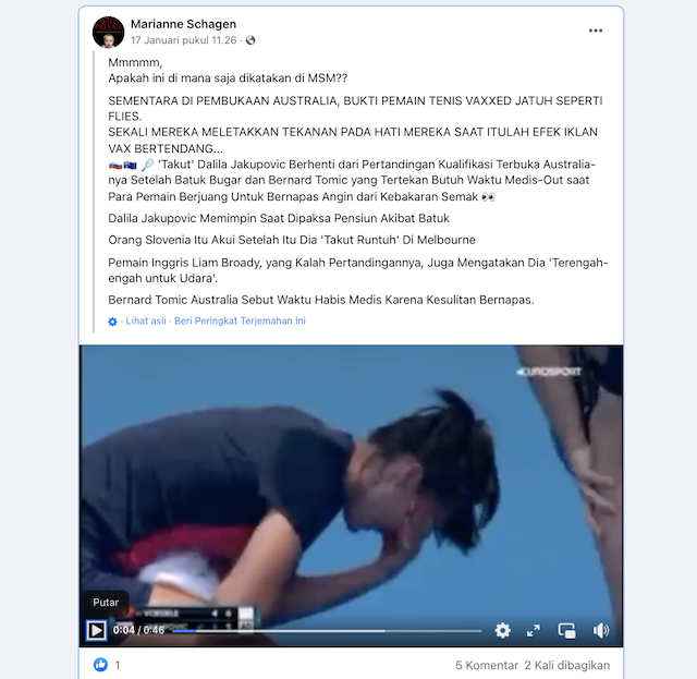 [Cek Fakta] Petenis Ini Pingsan Saat Bertanding Diklaim Terkait Efek Samping Vaksin Covid-19? Begini Faktanya