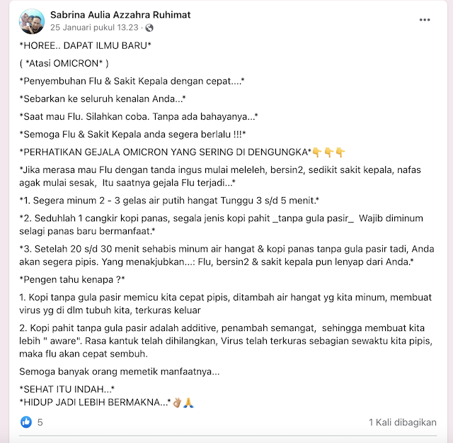 [Cek Fakta] Benarkah Meminum Kopi Pahit Bisa Sembuhkan Covid-19 Varian Omicron? Cek Faktanya