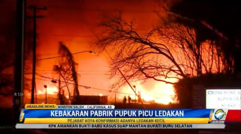 Sebuah pabrik pupuk di Winston-Salem, Carolina Utara, Amerika Serikat (AS) kebakaran pada Senin, 31 Januari 2022, malam. Metro TV