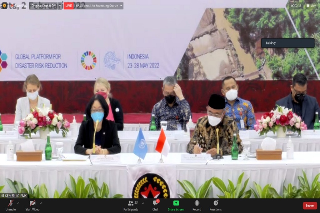 Konferensi pers acara 7th Global Platform for Disaster Risk Reduction (GPDRR) 2022 digelar secara virtual pada Rabu, 2 Februari 2022. (Kemenko PMK)