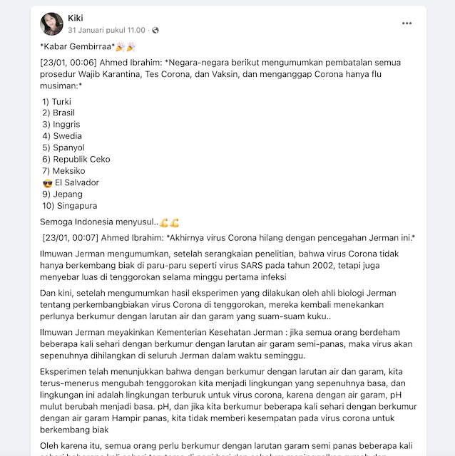 Tangkapan layar unggahan hoaks di media sosial