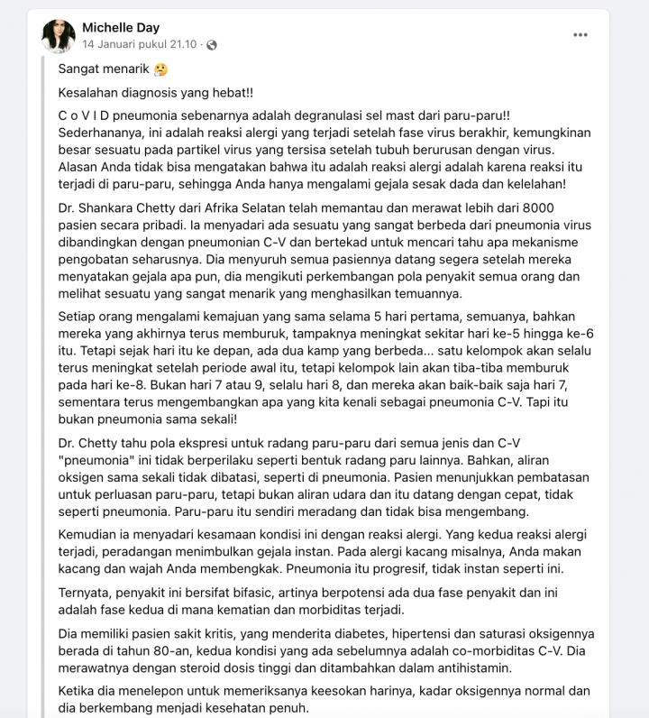 [Cek Fakta] Benarkah Pneumonia pada Covid-19 Hanya Reaksi Alergi? Ini Faktanya