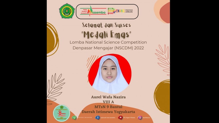 Siswi kelas VIII A MTs Negeri 9 Bantul, Aurel Wafa Nazira, berhasil meraih medali emas di NSC-DM 2022. DOK Kemenag