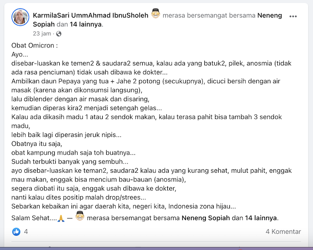 [Cek Fakta] Campuran Daun Pepaya dan Jahe Dapat Mengobati Covid-19 Varian Omicron? Cek Faktanya