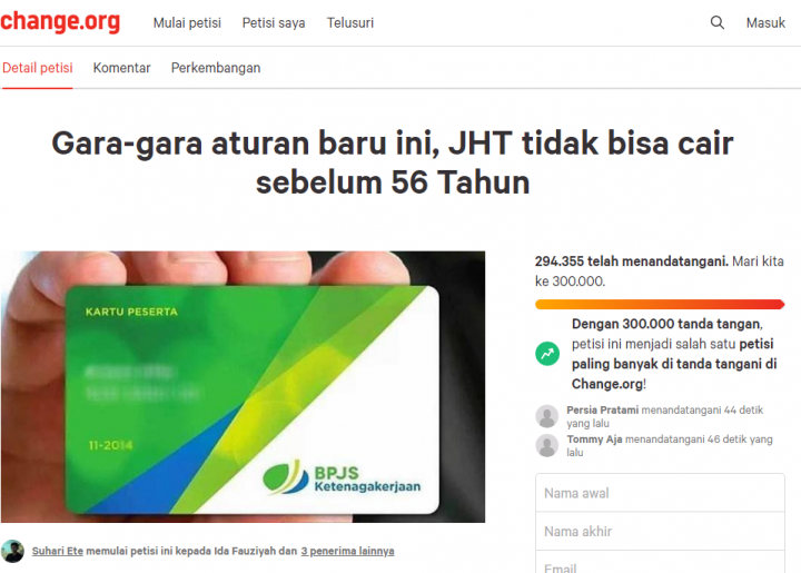 Petisi Tolak Cairkan JHT di Usia 56 Tahun Diteken Hampir 300 Ribu Tanda Tangan