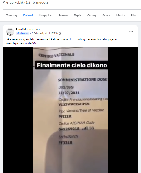 [Cek Fakta] Jika Seseorang sudah Divaksin Tiga Kali Secara Otomatis Dapat Kode 5G? Ini Faktanya