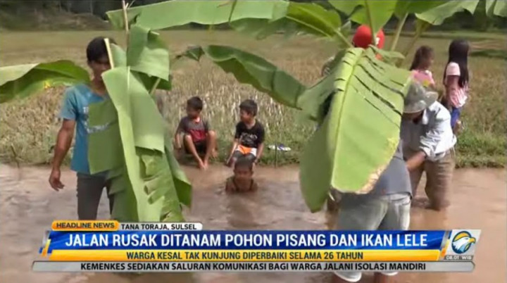 Kesal Tak Kunjung Diperbaiki, Warga Tanam Pisang dan Lepas Lele di Jalan