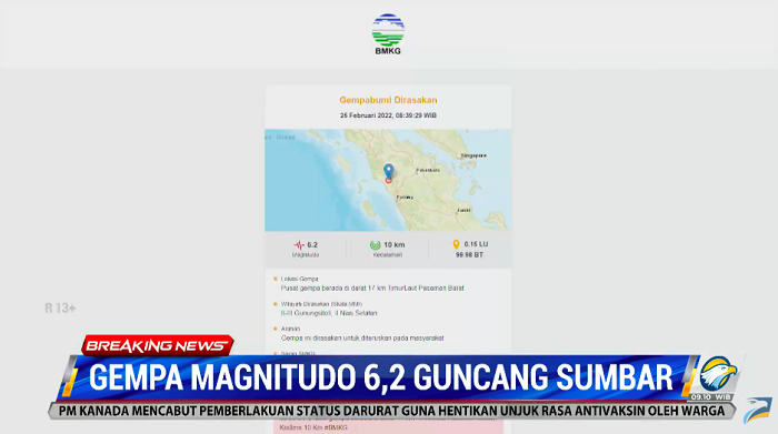 Gempa Magnitudo 6,2 Guncang Sumatra Barat
