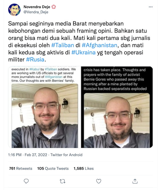 [Cek Fakta] Media Barat Sebarkan Informasi Jurnalis Ini Tewas Dua Kali? Simak Faktanya