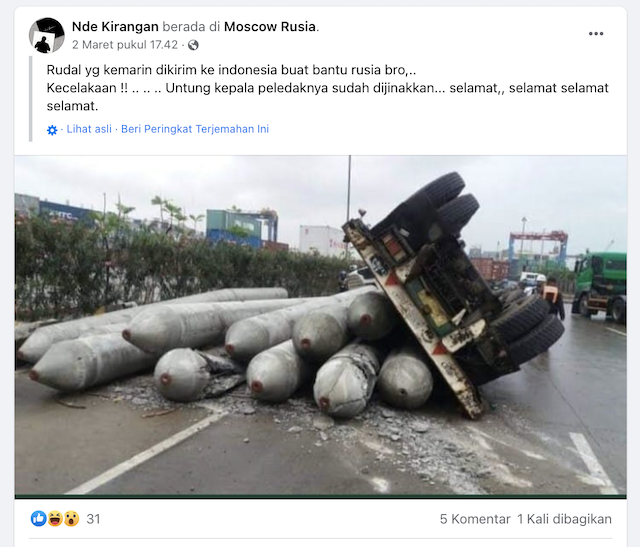 [Cek Fakta] Truk Mengangkut Rudal dari Indonesia untuk Rusia Mengalami Kecelakaan? Cek Faktanya