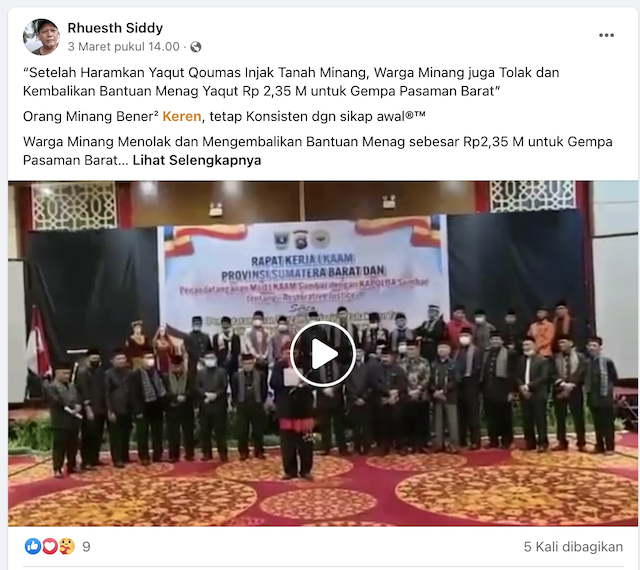 [Cek Fakta] Video Warga Minang Tolak dan Kembalikan Bantuan Menag Yaqut Rp2,35 Miliar untuk Gempa Pasaman Barat Hoaks