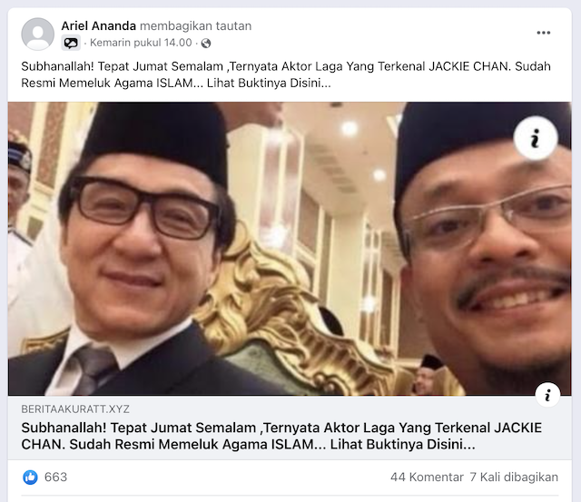 [Cek Fakta] Jackie Chan Dikabarkan Masuk Islam? Cek Dulu Faktanya