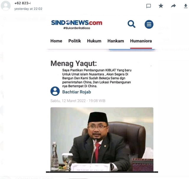 [Cek Fakta] Menteri Yaqut akan Bangun Kiblat Baru Umat Islam Nusantara di Tiongkok? Ini Faktanya