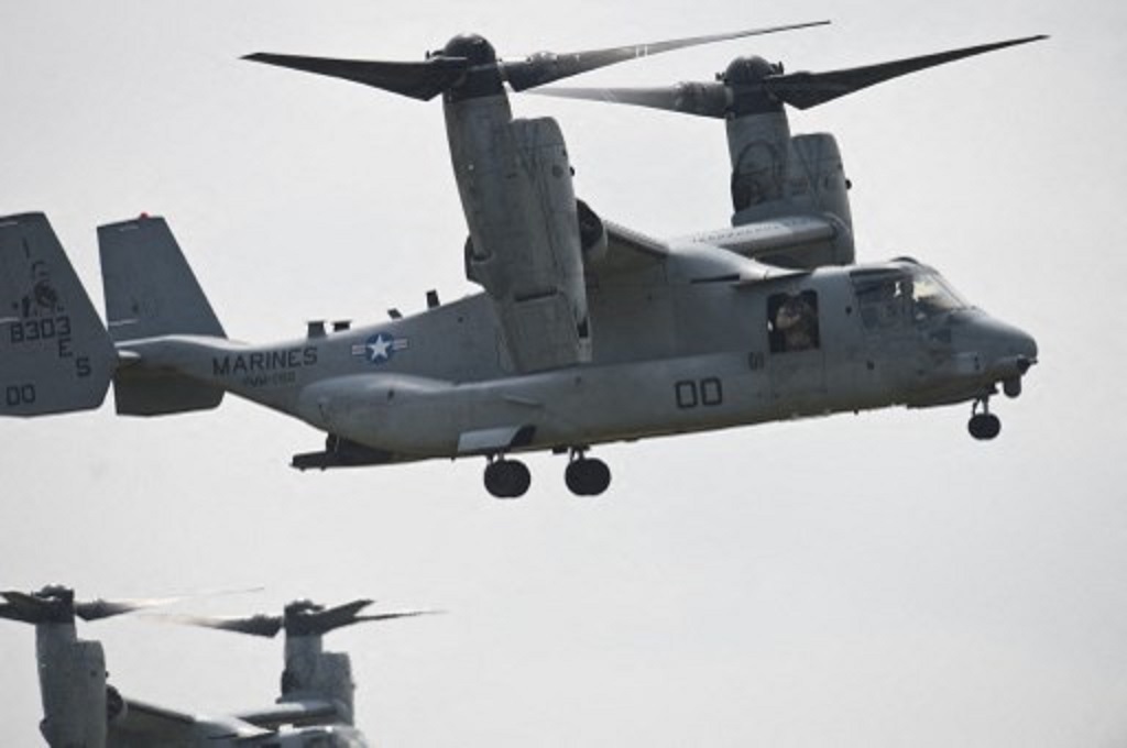 Pesawat MV-22B Osprey milik AS mengikuti latihan di Romania, 26 Mei 2015. (Daniel MIHAILESCU / AFP)