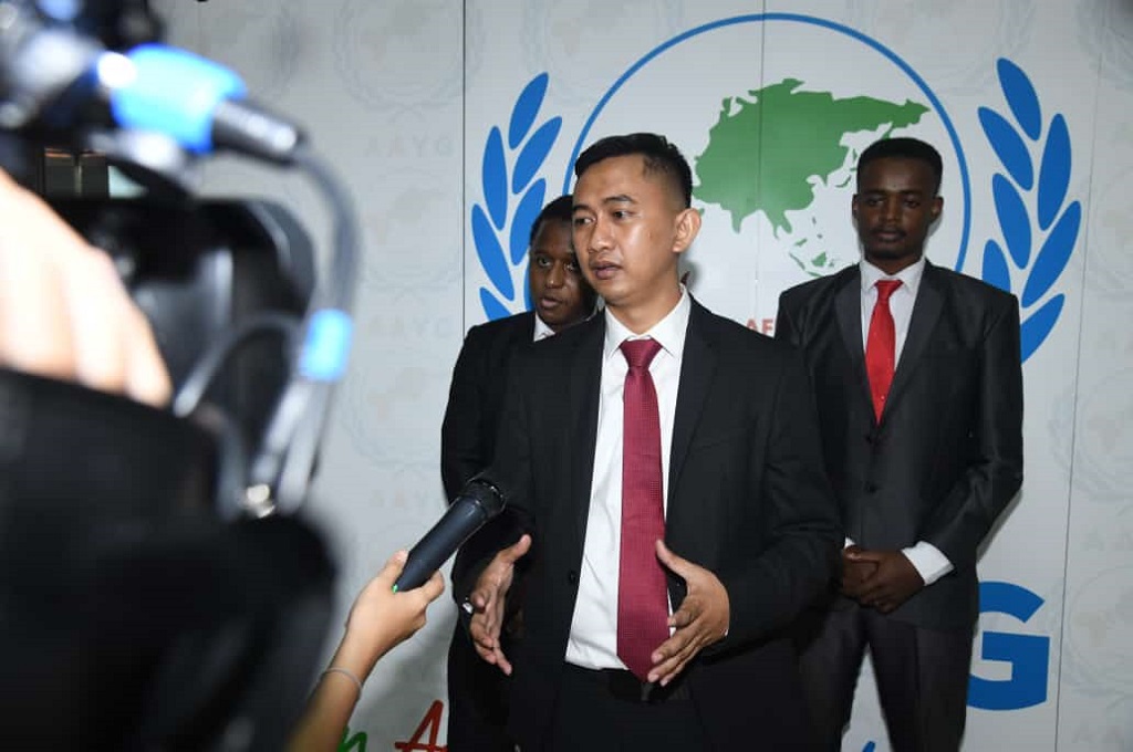 Presiden Pemuda Asian African Youth Goverment, Saddam Al-Jihad, saat memberikan keterangan kepada awak media.(AAYG)