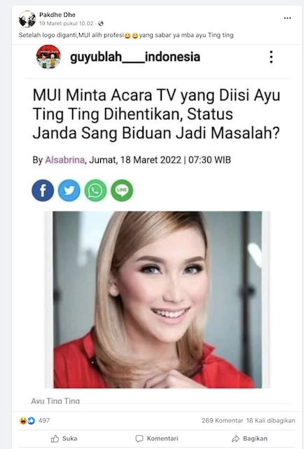 [Cek Fakta] MUI Minta Acara TV yang Diisi Ayu Ting Ting Dihentikan? Ini Faktanya