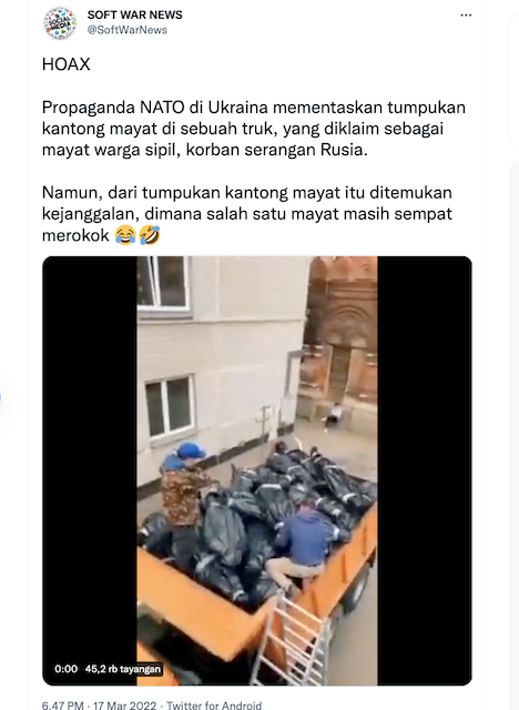 [Cek Fakta] Beredar Video Mayat Propaganda NATO di Ukraina yang Sedang Merokok? Begini Faktanya